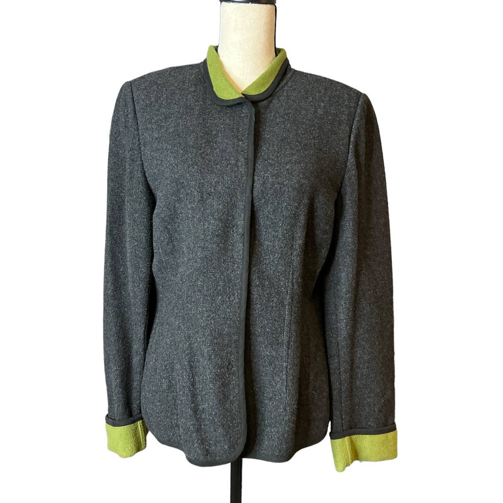 Evan Picone Jacket in Gray w/Green Collar and Cuffs in Rayon Wool Blend Size 10